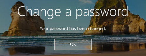 Windows confirmation screen displaying the message Your password has been changed and an OK button