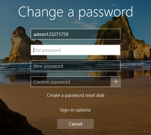 Windows password change screen showing the Old password, New password and Confirm password fields, with admin123271759 as an example username