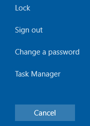 Windows menu with the following options: Lock, Sign out, Change a password, Task Manager and Cancel