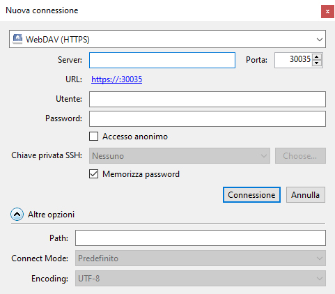 CyberDuck interface for creating a new connection using the WebDAV protocol
