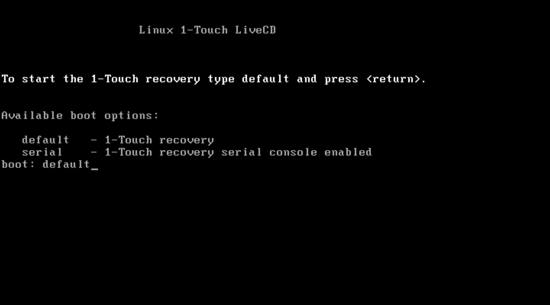 Selecting the default boot option in the Commvault Bare Metal Recovery menu