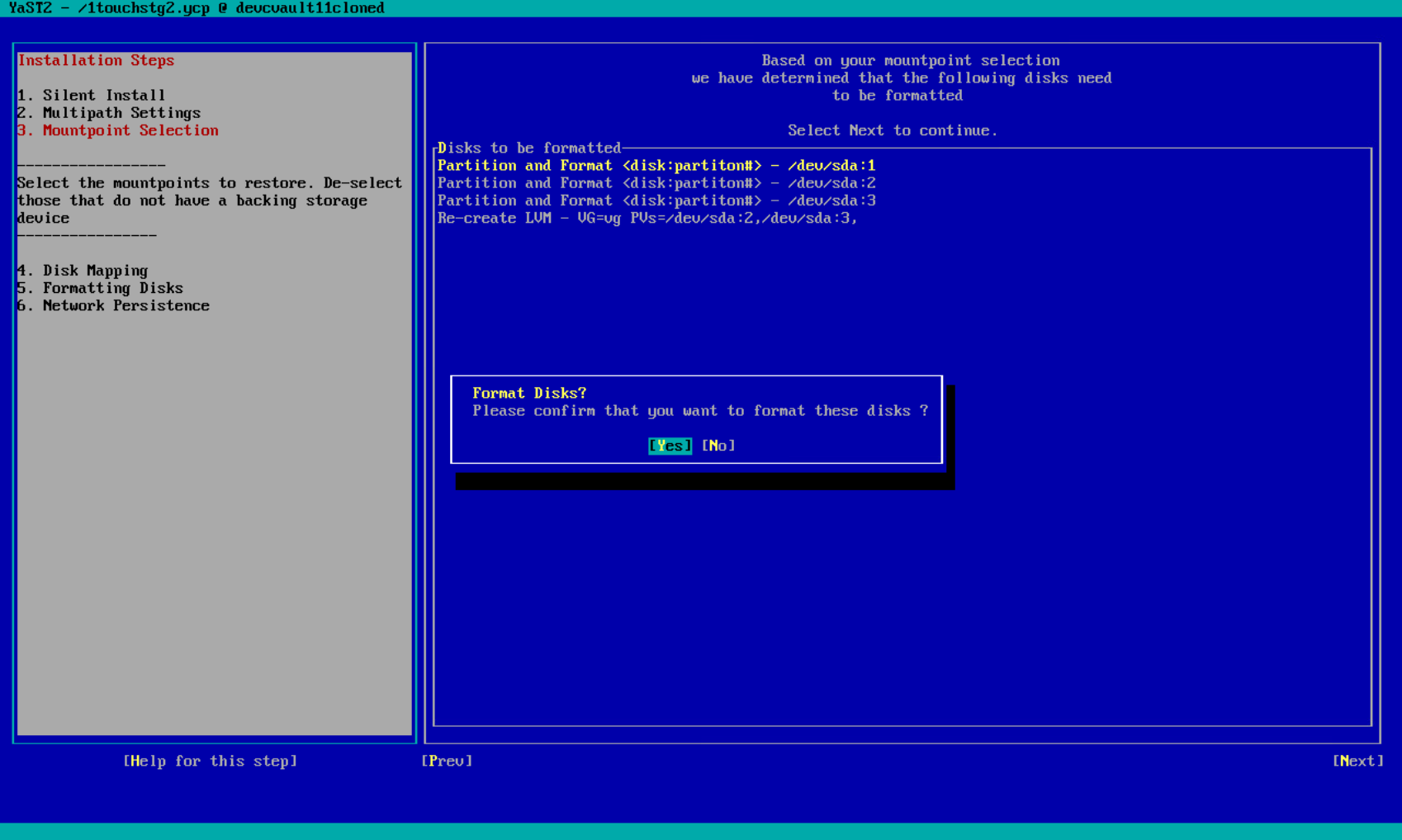 Format Disks? prompt – selecting Yes to confirm disk formatting
