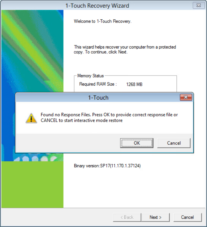 Commvault 1-Touch window with the Cancel button used to start a manual restore