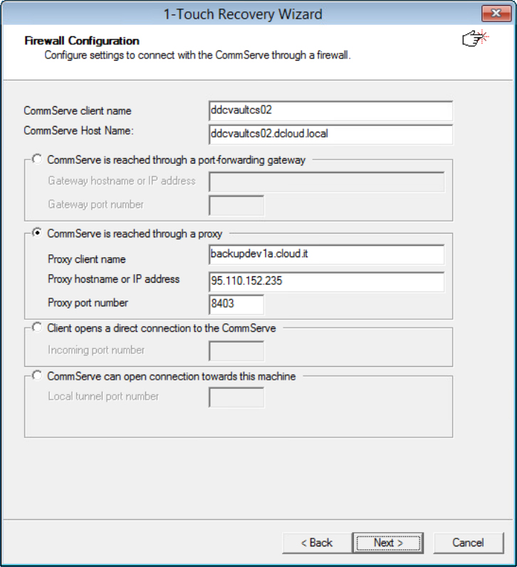 Firewall Configuration screen for entering CommServe details and configuring the proxy