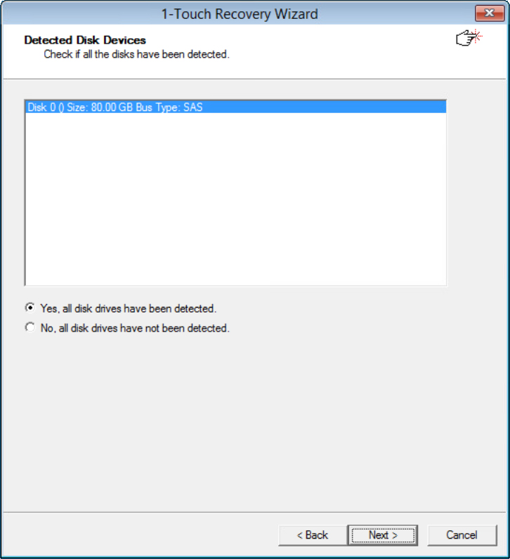 Detected Disk Devices window listing the disks detected during the restore