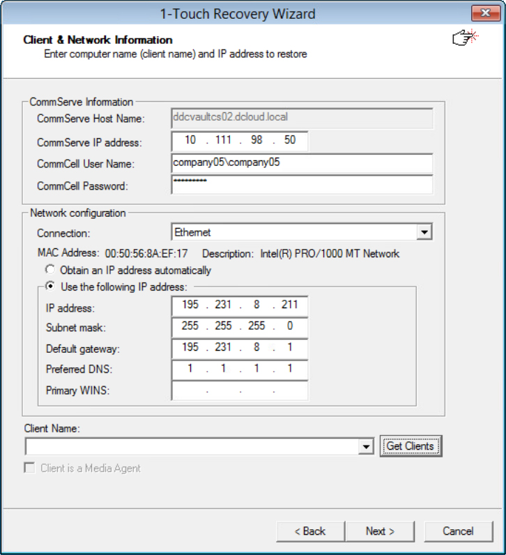 Screen for entering network information and Commvault credentials for the restore