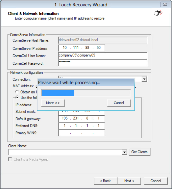 Get Clients button in the network section for retrieving the list of clients to restore