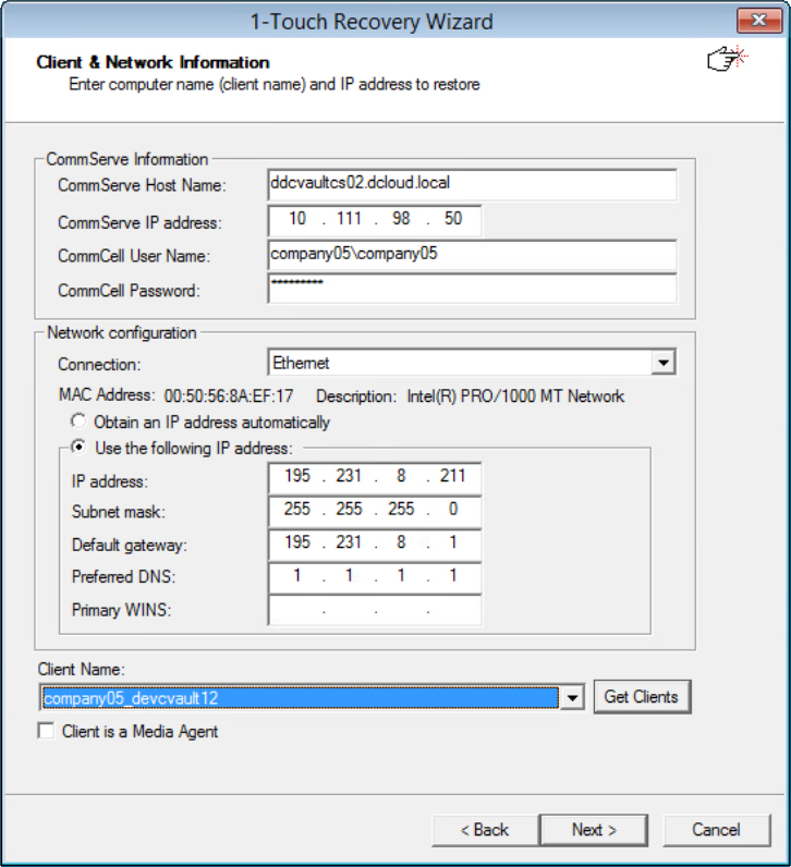 Screen for selecting the client to restore from the available list