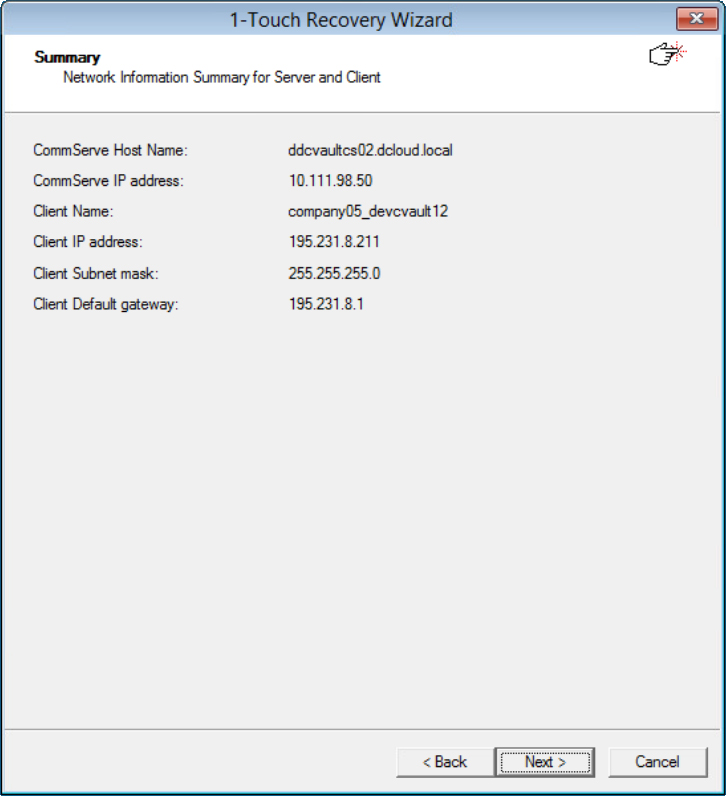 Summary of the configured information before starting the Commvault restore