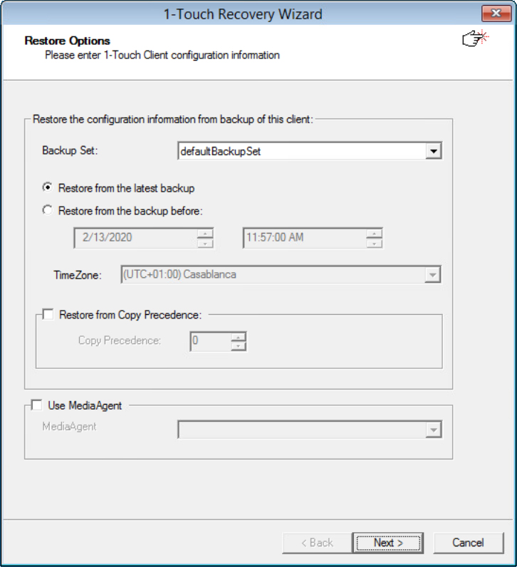 Restore Options window with options for selecting the recovery point