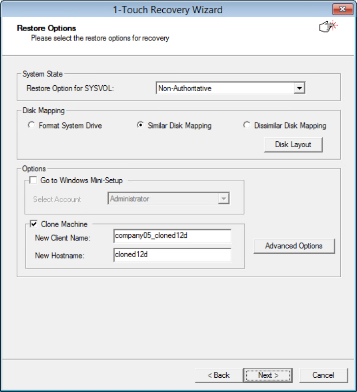 Restore Options screen with Clone Machine enabled and the new information entered