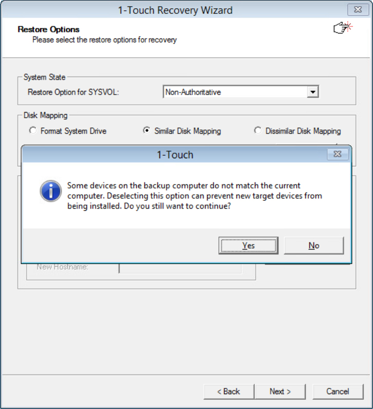 Window summarizing the selected restore options