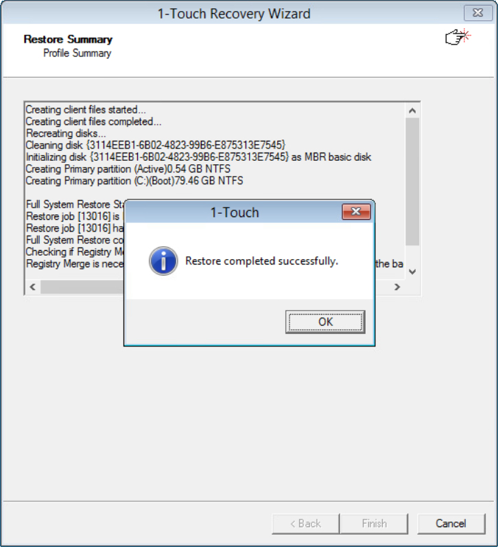 Screen confirming that the restore has finished with the message Restore completed successfully