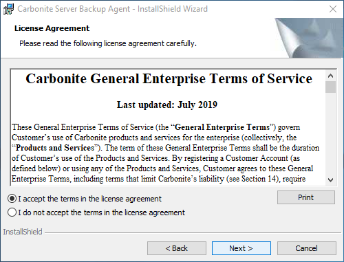 Screen for accepting the agent license terms and conditions Screen for accepting the agent license terms and conditions