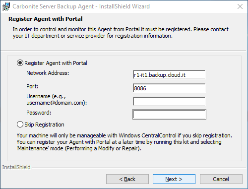 Entering the information required to register the agent with Web CentralControl Entering the information required to register the agent with Web CentralControl