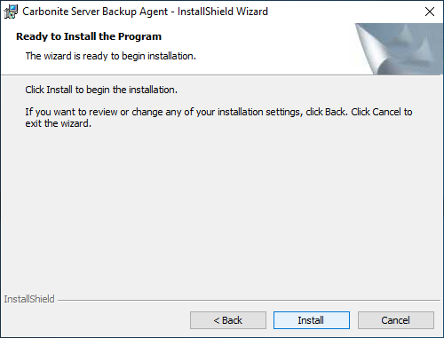 Starting the final EVault agent installation using the Install button Starting the final EVault agent installation using the Install button