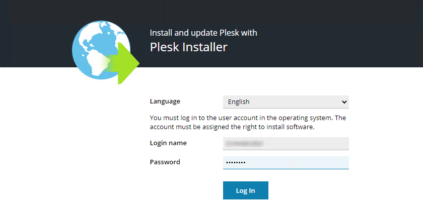 Plesk Installer login screen