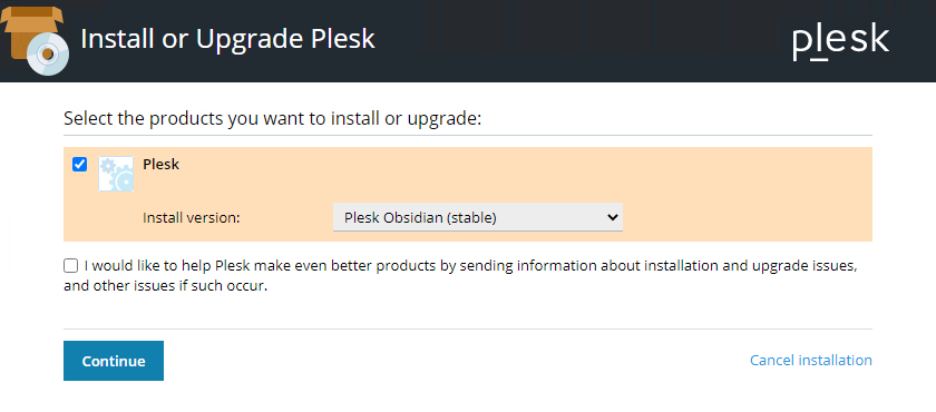 Plesk product selection screen