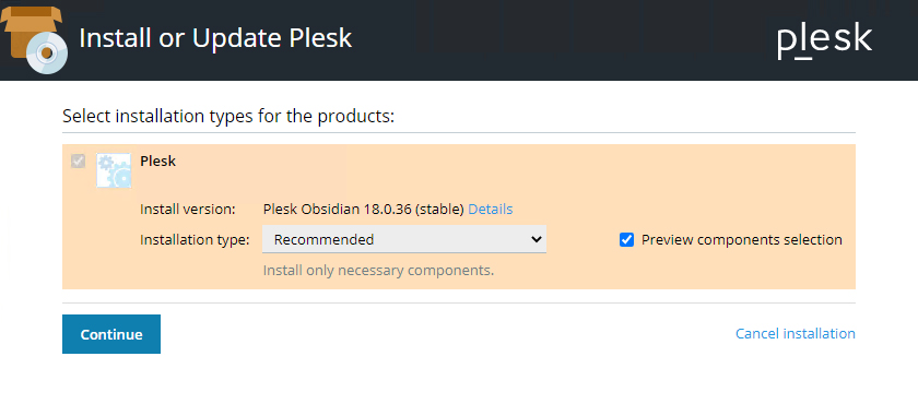 Plesk installation type selection screen