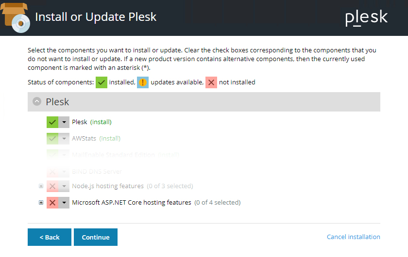 Plesk component selection screen