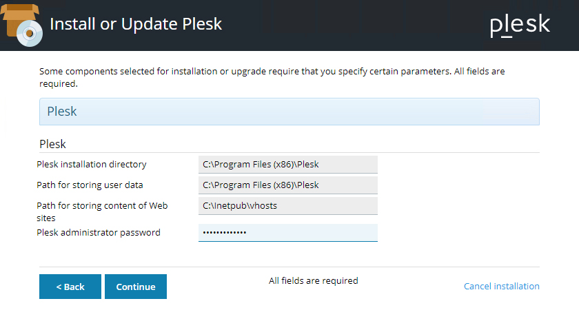 Screen for setting the Plesk administrator password