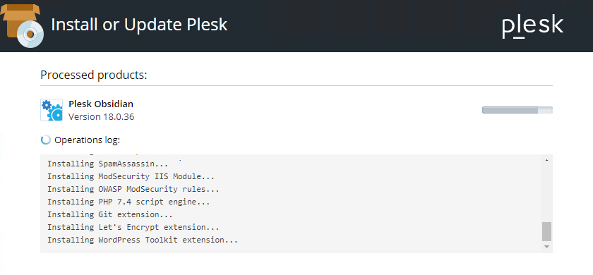 Plesk installation progress screen