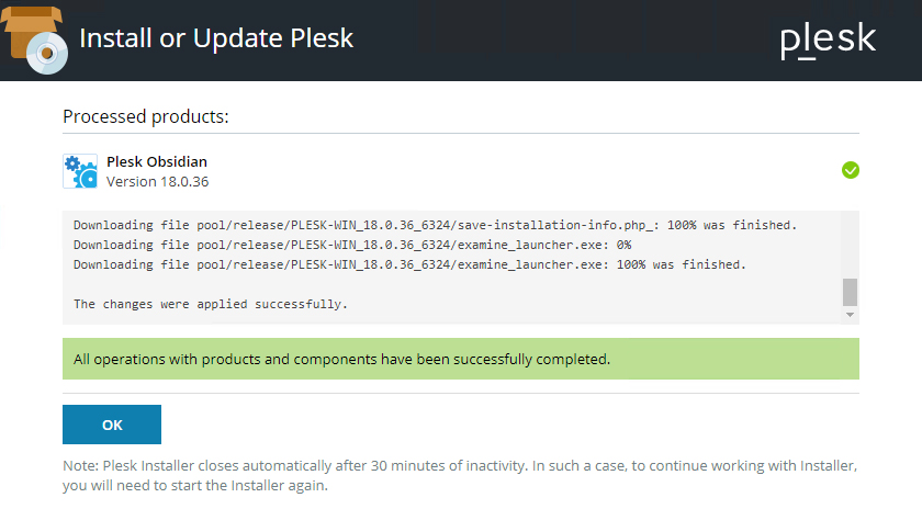 Plesk installation completion confirmation screen