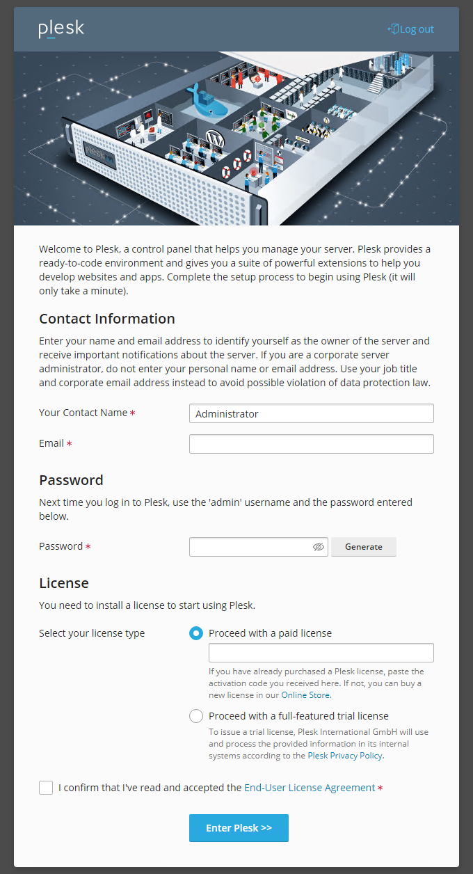Screen for entering contact details, password and activation code